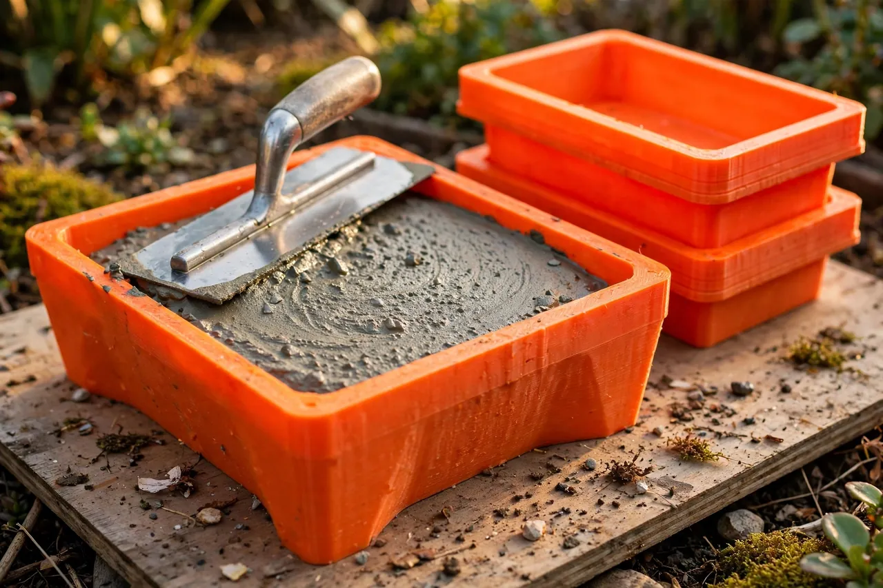 Close-up of concrete being troweled level inside a bright-orange 3D printed stepping stone mold on a flat board