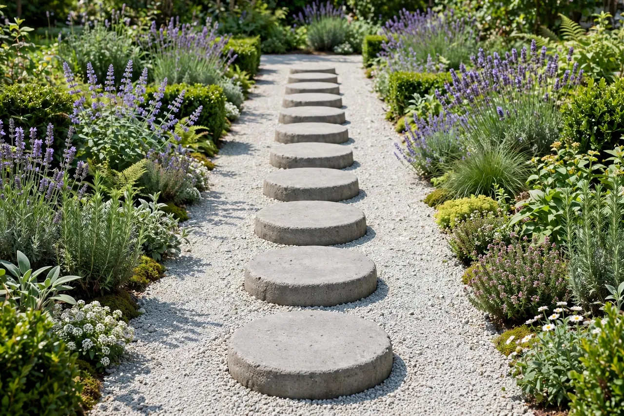 A finished garden path of matching cast stepping stones set into a gravel bed between planted borders
