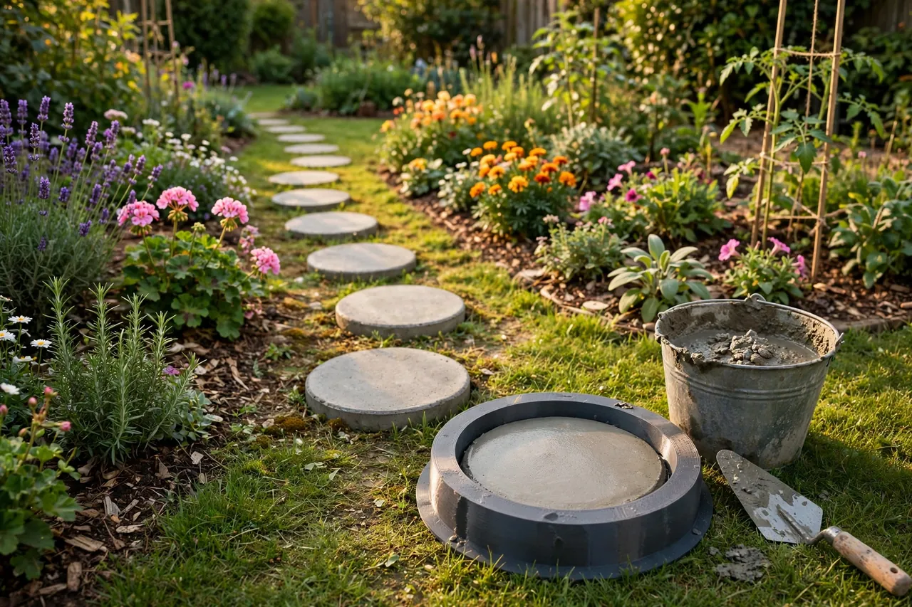 A garden path of freshly cast round stepping stones leading between flower beds