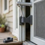A bright home exterior scene at a storm door