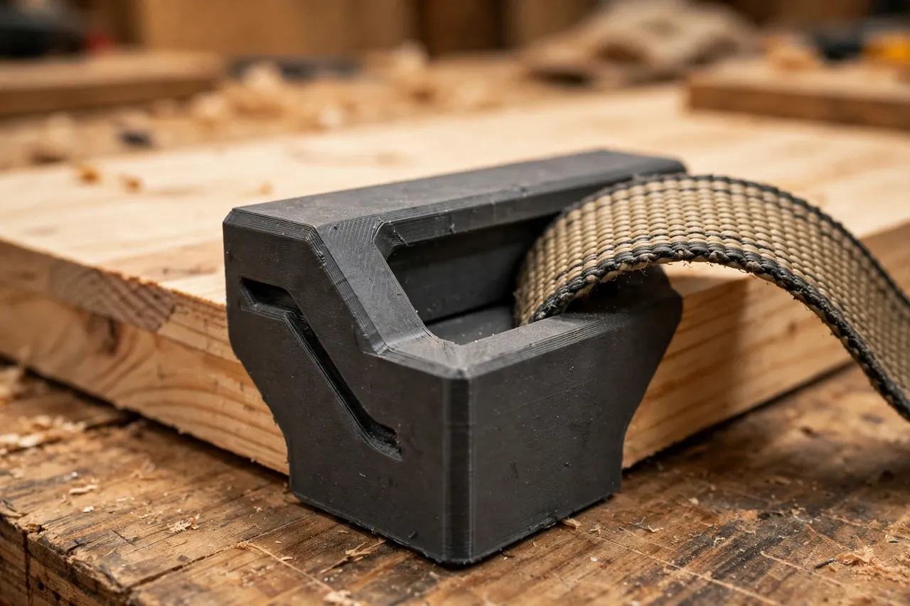Close-up of a matte charcoal-gray 3D printed corner protector cupping the sharp edge of a pine board