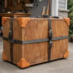 A home workshop and driveway scene, a wooden cabinet wrapped with ratchet straps fitted with matte orange 3D printed corner protectors guarding each