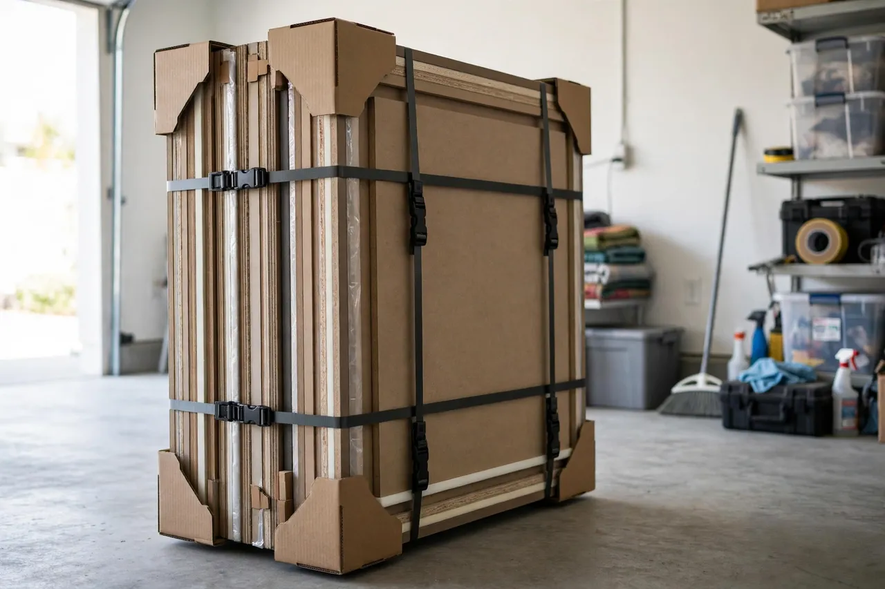 A stack of flat-packed panels strapped together with printed corner protectors at every corner