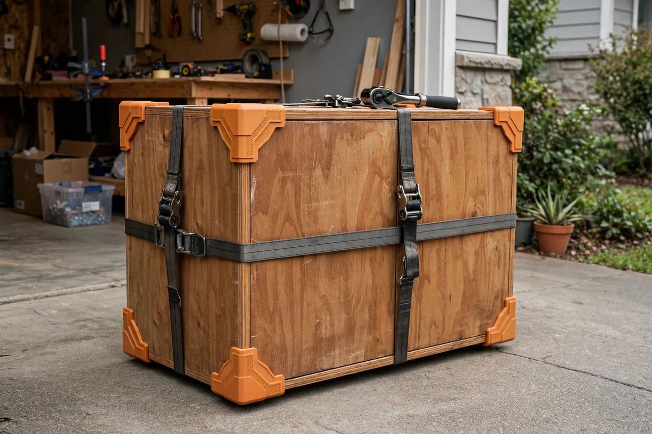 A home workshop and driveway scene, a wooden cabinet wrapped with ratchet straps fitted with matte orange 3D printed corner protectors guarding each