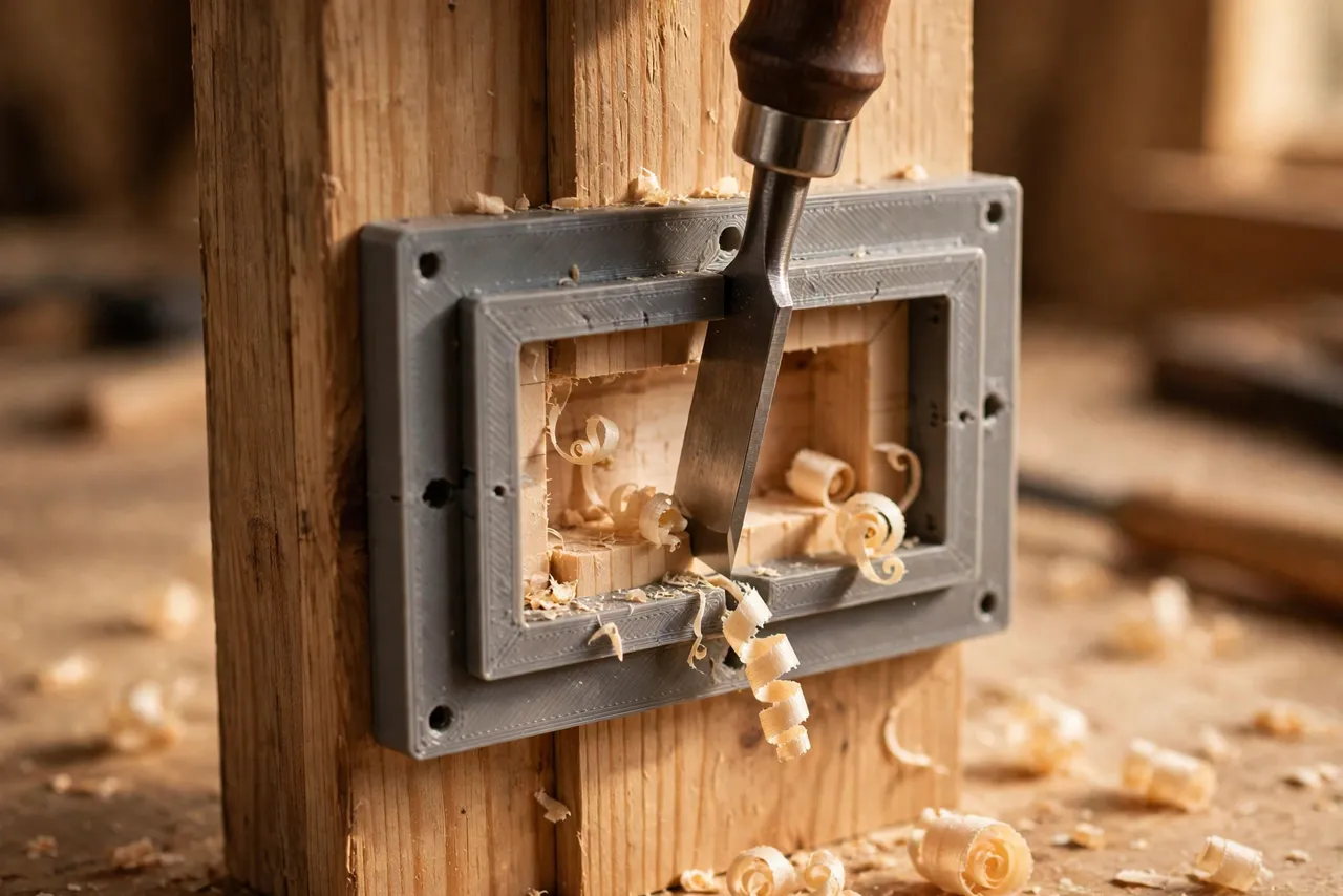 Close-up view of a chisel cutting a shallow rectangular mortise inside a 3D printed template frame on a wooden door jamb