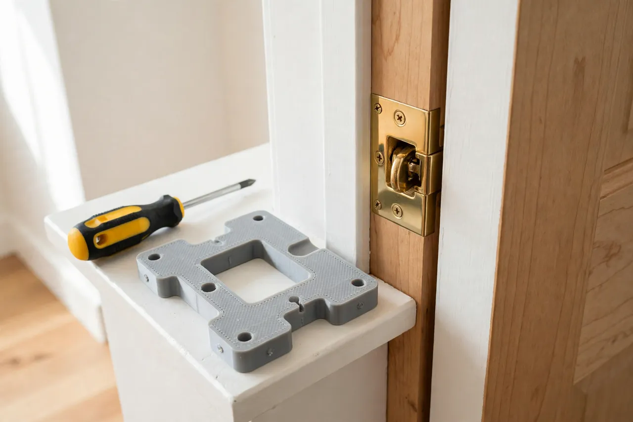 A finished brass strike plate sitting perfectly flush in a door jamb with the door latch engaged