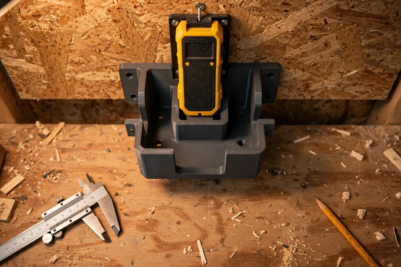 Close-up top-down view of a matte charcoal-gray 3D printed stud finder wall dock being test-fitted against a stud finder hung on the workshop wall on a workbench, calipers and a pencil nearby, warm workshop lighting