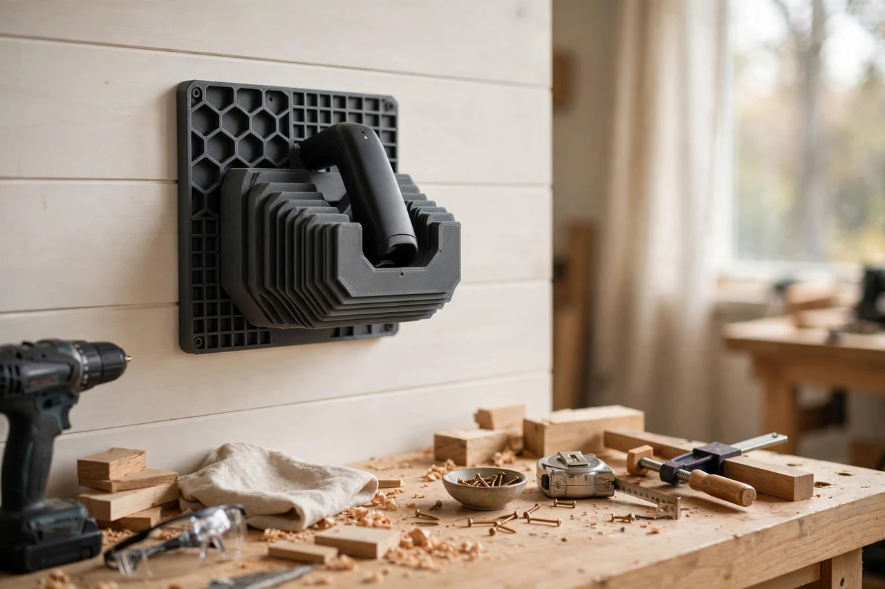 Home workshop scene on a light oak workbench, a matte charcoal-gray 3D printed stud finder wall dock holding a stud finder hung on the workshop wall, soft natural window light, shallow depth of field