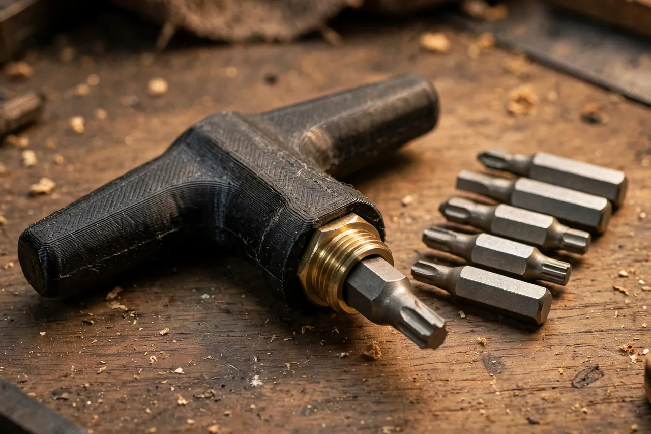 Close-up of a standard hex bit seated in the metal insert of a 3D printed T-handle driver on a workbench