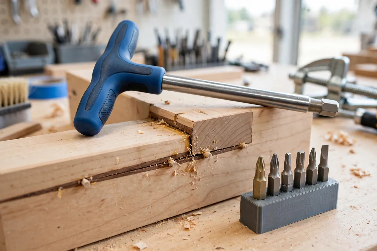 A finished T-handle bit driver resting across a repaired furniture joint with its bits in a small printed holder, bright clean workshop