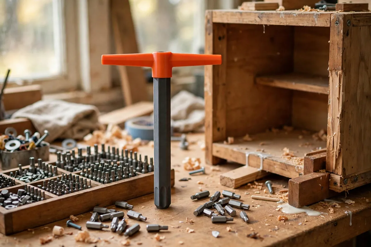 A bright home workshop scene on a warm wooden workbench