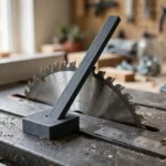 A bright home workshop scene on a cast-iron table saw table