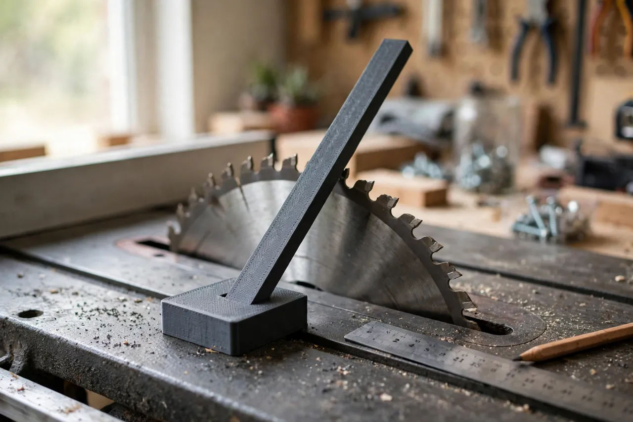 A bright home workshop scene on a cast-iron table saw table
