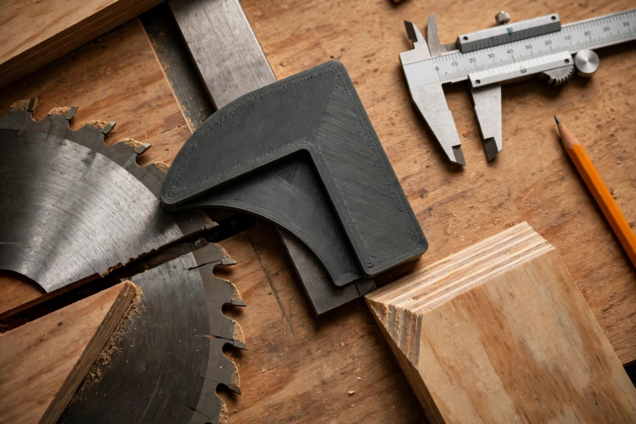 Close-up top-down view of a matte charcoal-gray 3D printed table saw blade tilt angle gauge being test-fitted against table saw blades and bevel cuts on a workbench, calipers and a pencil nearby, warm workshop lighting