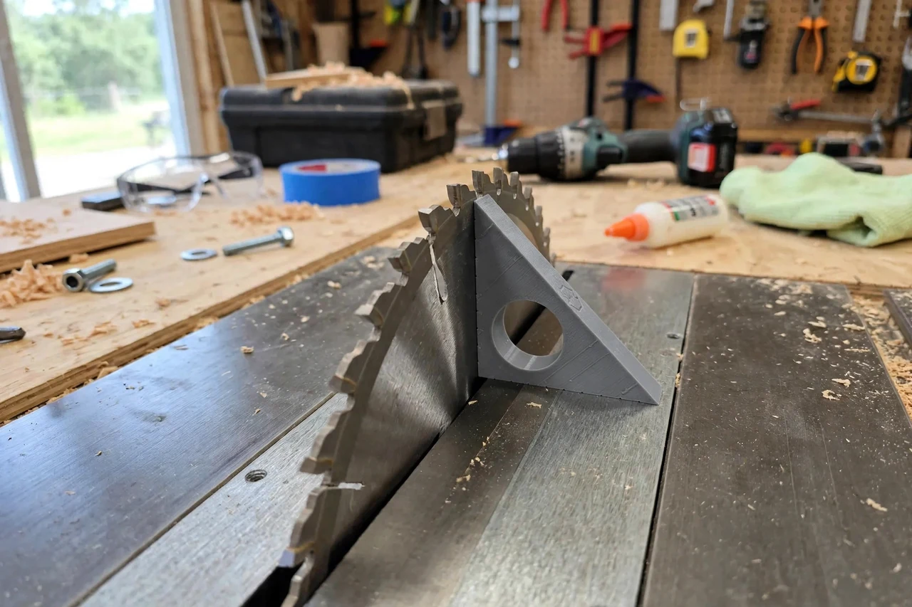 View of the finished 3D printed table saw blade tilt angle gauge in use on a home repair project on a workbench, tidy workshop background in soft focus, bright natural light
