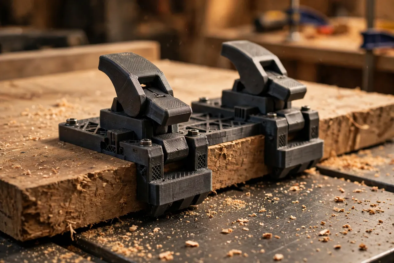 Close-up view of a 3D printed sled with toggle-style printed clamps gripping a rough-sawn board edge