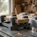 A bright home workshop scene, a matte charcoal-gray 3D printed jointing sled holding a rough pine board on a table saw bed