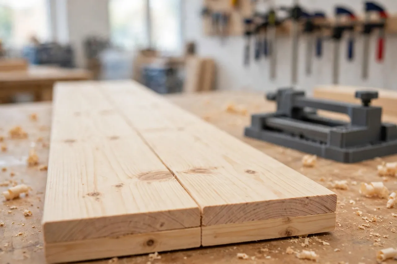 Two freshly jointed pine boards with perfectly straight edges pressed together showing a gap-free seam on a workbench