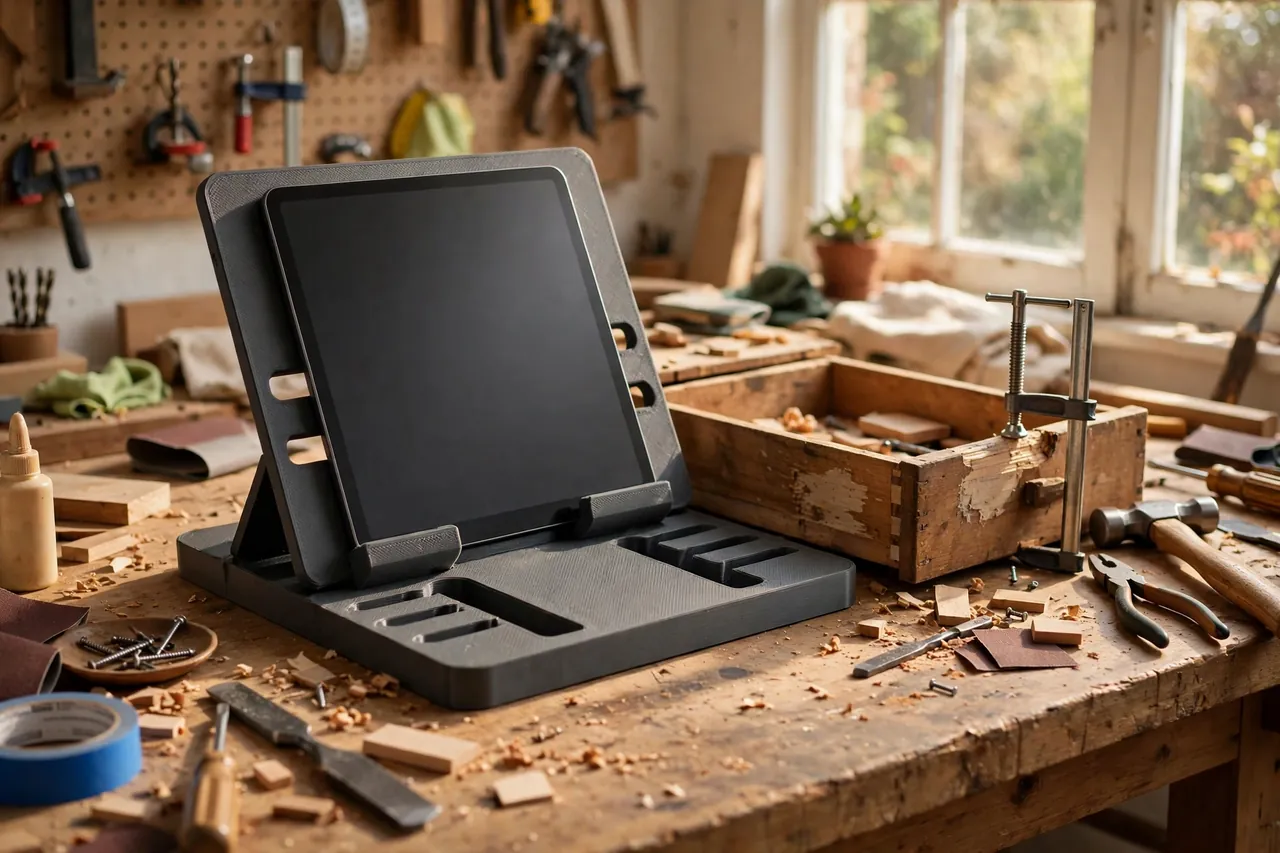 A bright home workshop scene with a matte charcoal-gray 3D printed tablet stand on a wooden workbench holding a tablet upright at a comfortable