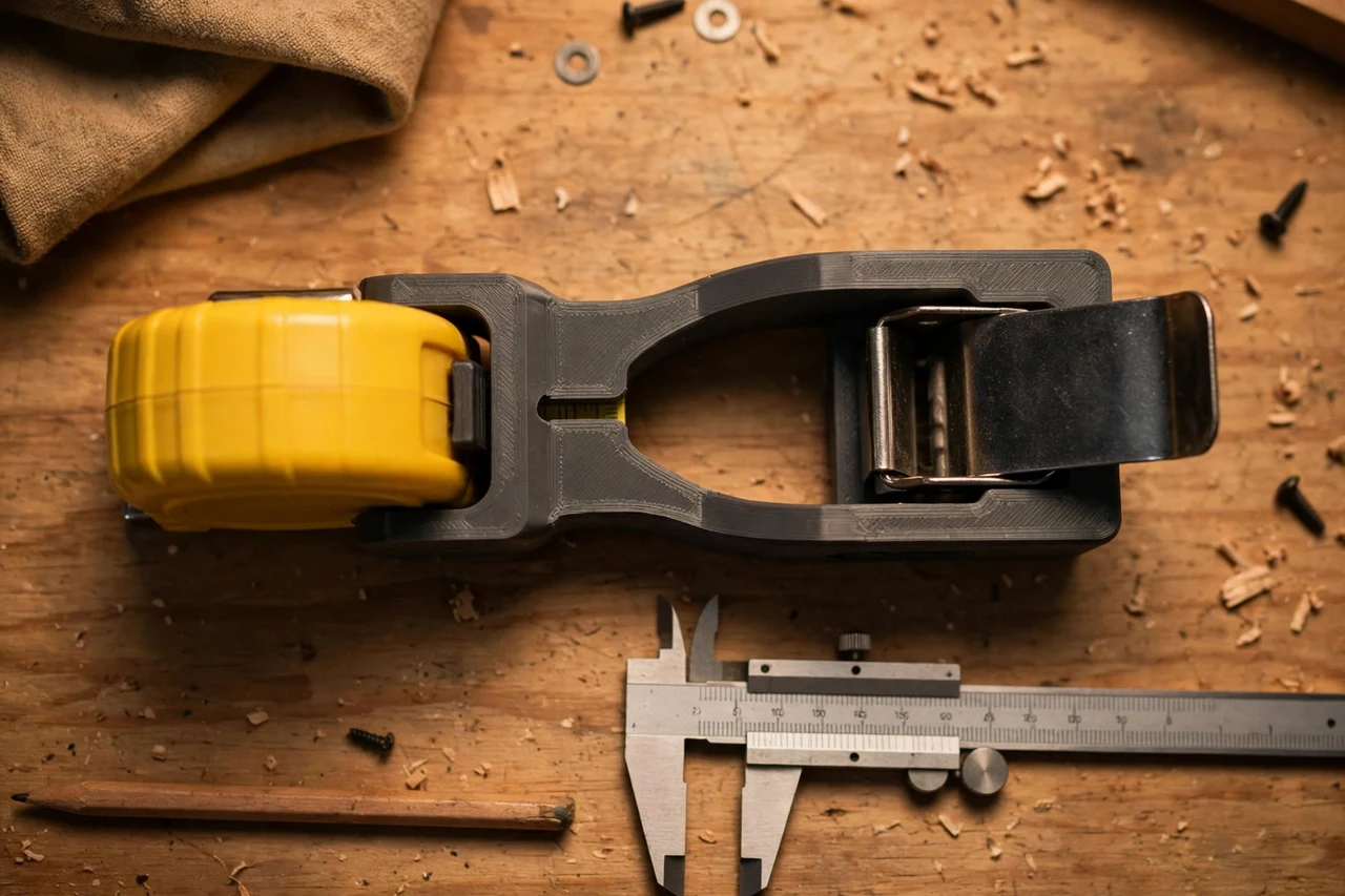 Close-up top-down view of a matte charcoal-gray 3D printed tape measure belt clip adapter being test-fitted against a tape measure and a belt clip on a workbench, calipers and a pencil nearby, warm workshop lighting