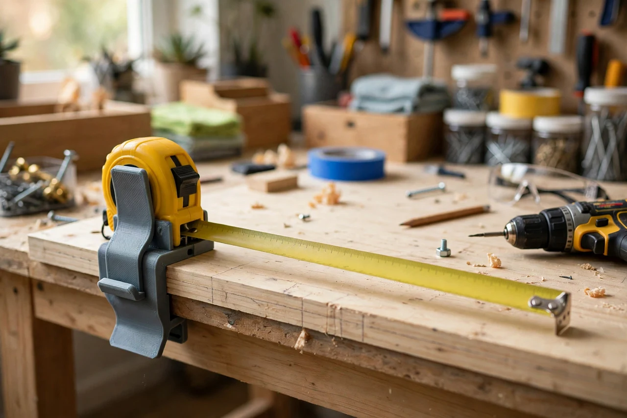 View of the finished 3D printed tape measure belt clip adapter in use on a home repair project on a workbench, tidy workshop background in soft focus, bright natural light