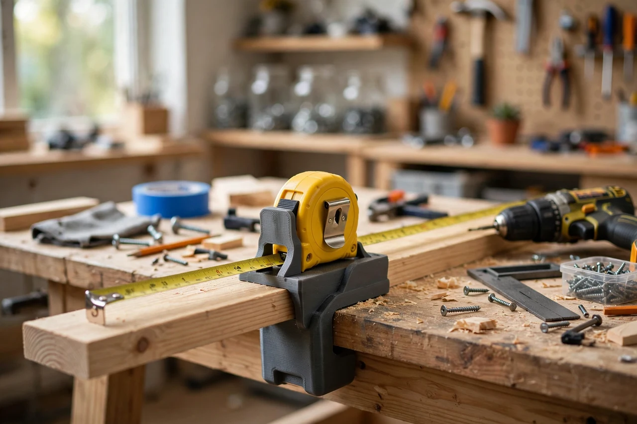 View of the finished 3D printed tape measure belt clip holster in use on a home repair project on a workbench, tidy workshop background in soft focus, bright natural light