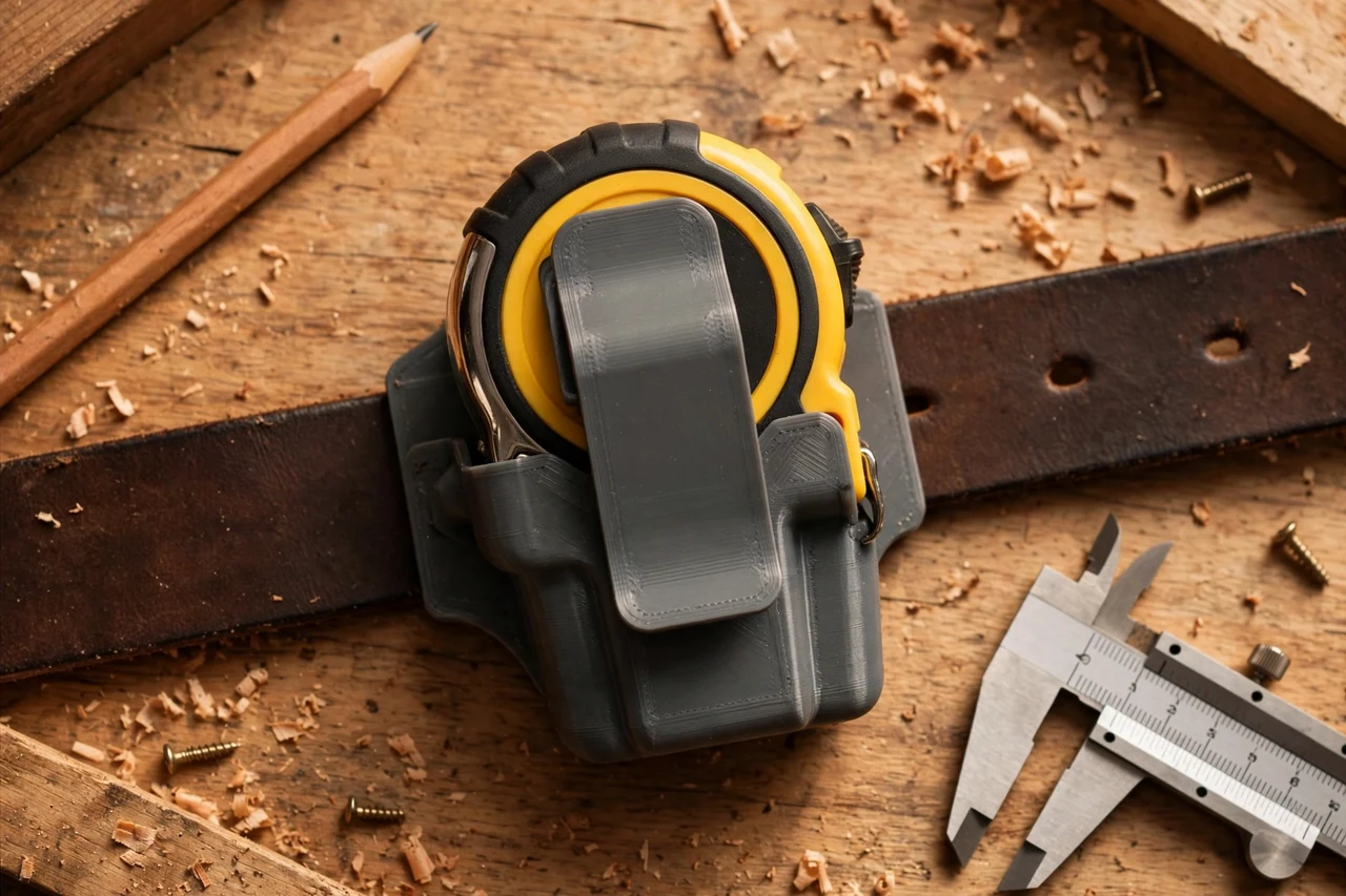 Close-up top-down view of a matte charcoal-gray 3D printed tape measure belt holster clip being test-fitted against a tape measure carried on a belt on a workbench, calipers and a pencil nearby, warm workshop lighting