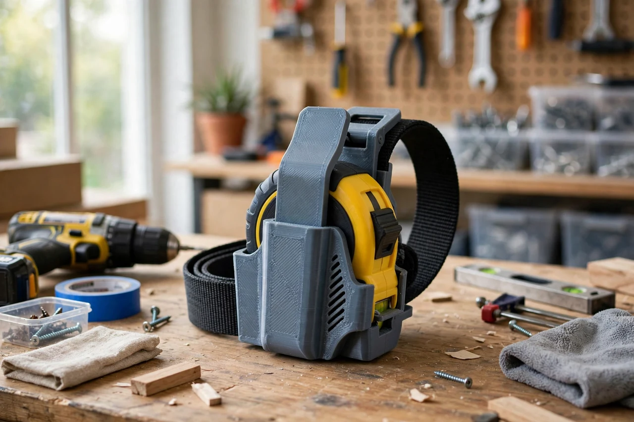 View of the finished 3D printed tape measure belt holster clip in use on a home repair project on a workbench, tidy workshop background in soft focus, bright natural light