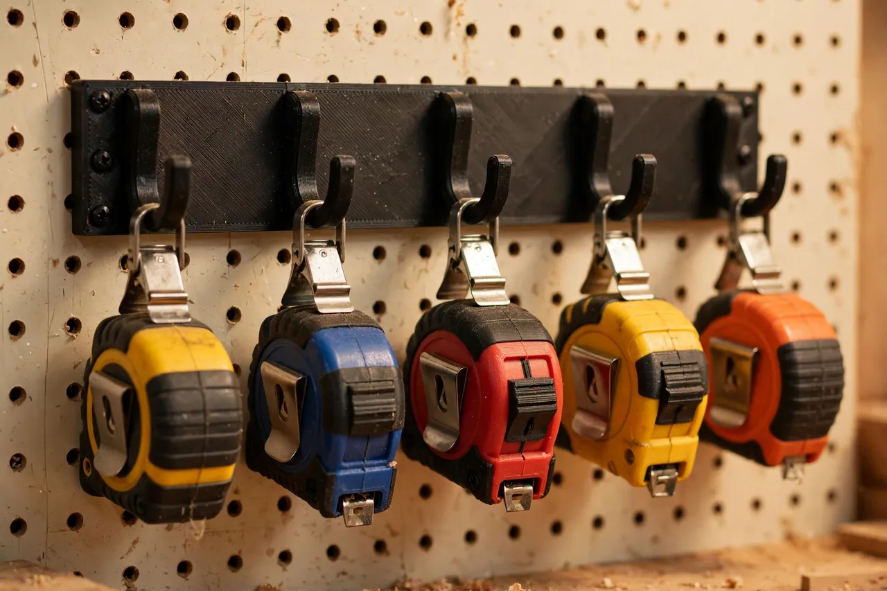 Close-up view of a 3D printed tape measure rack mounted on a workshop wall