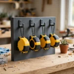 A bright home workshop scene on a light oak workbench