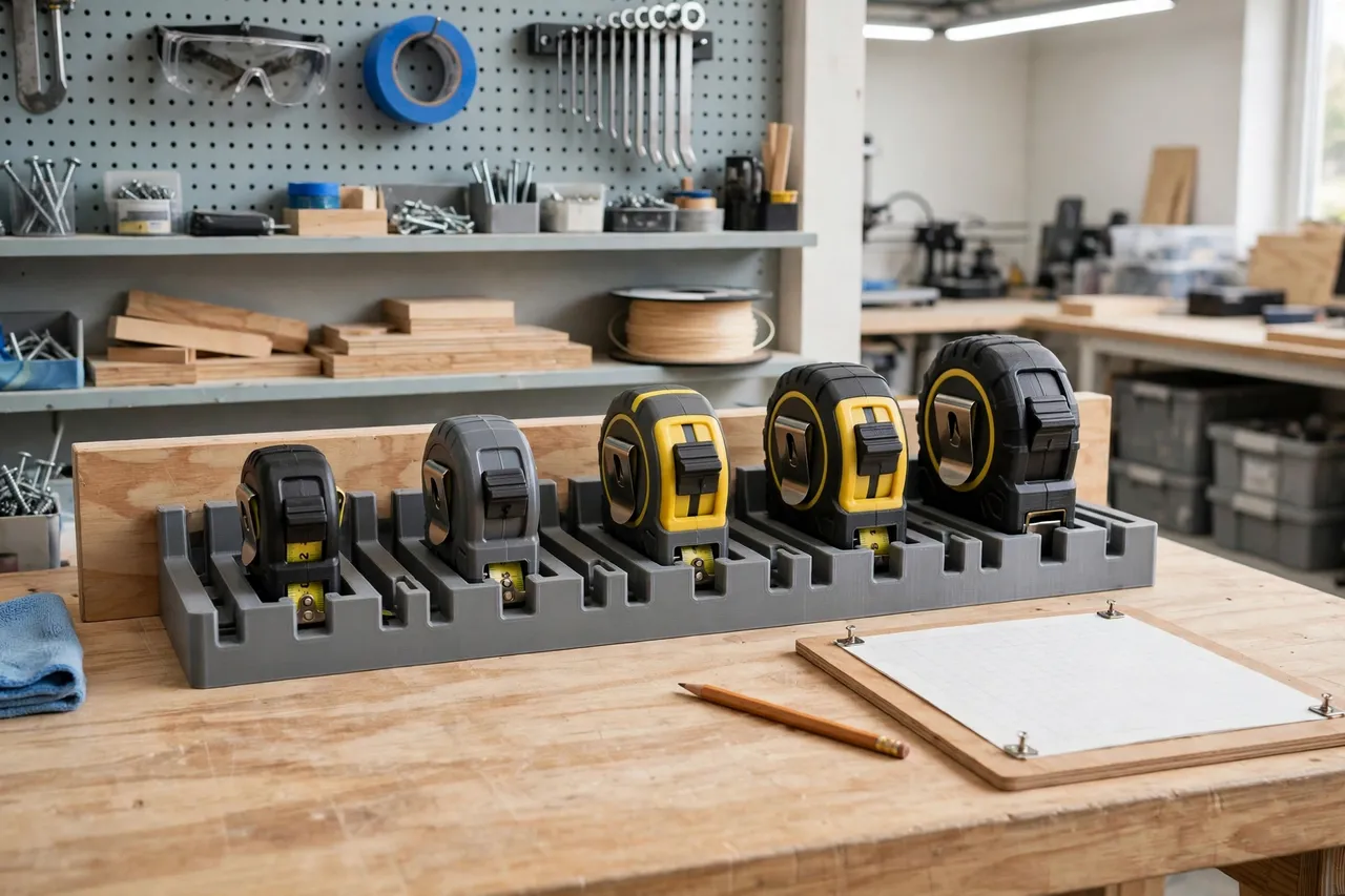 A finished workshop bench with a 3D printed tape measure rack holding short and long tape measures in a neat row