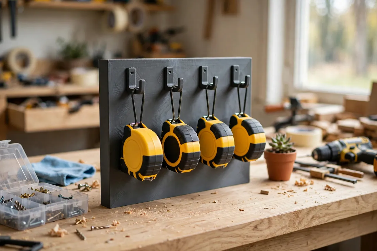 A bright home workshop scene on a light oak workbench