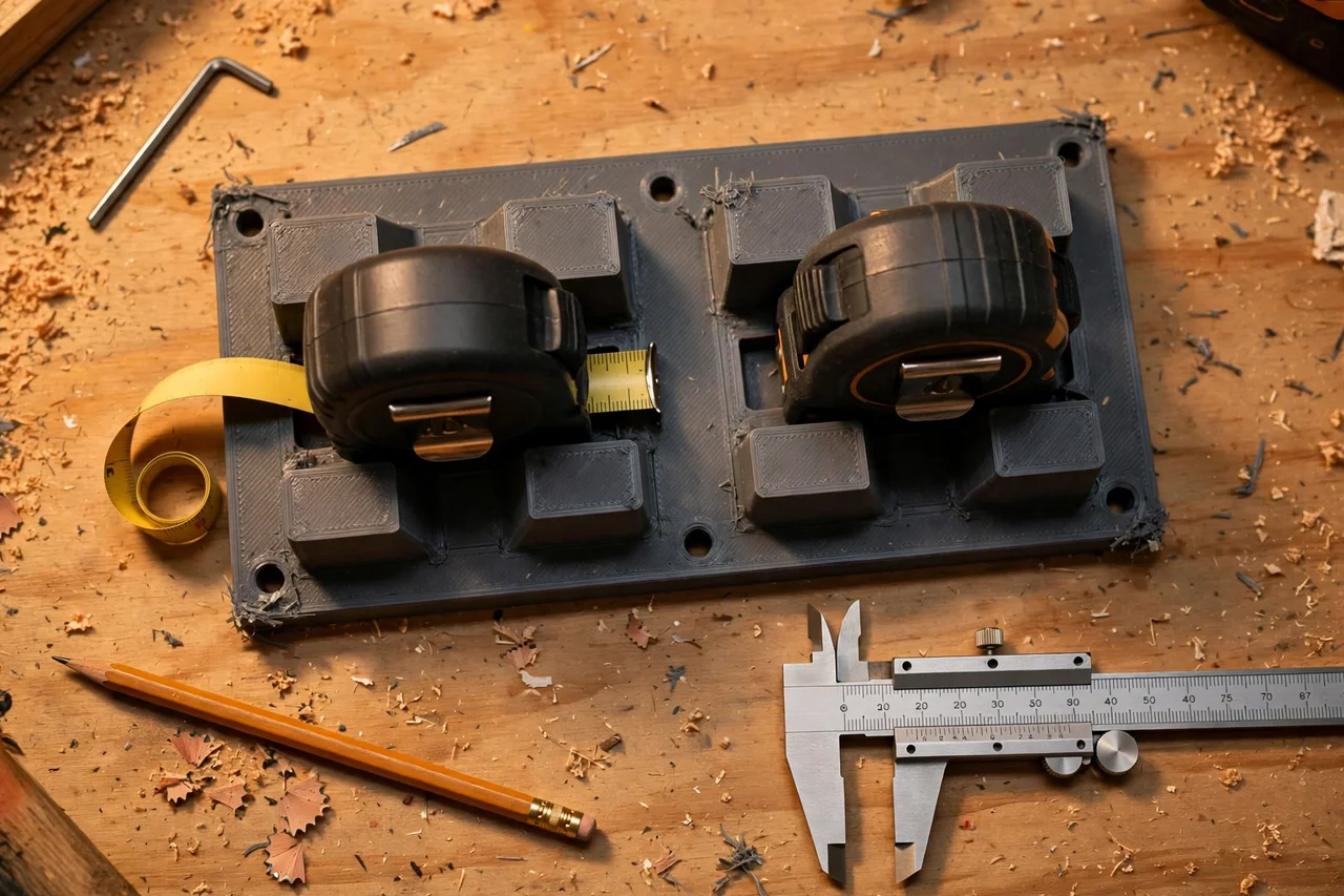 Close-up top-down view of a matte charcoal-gray 3D printed tape measure wall dock being test-fitted with tape measures on a workbench, calipers and a pencil nearby, warm workshop lighting
