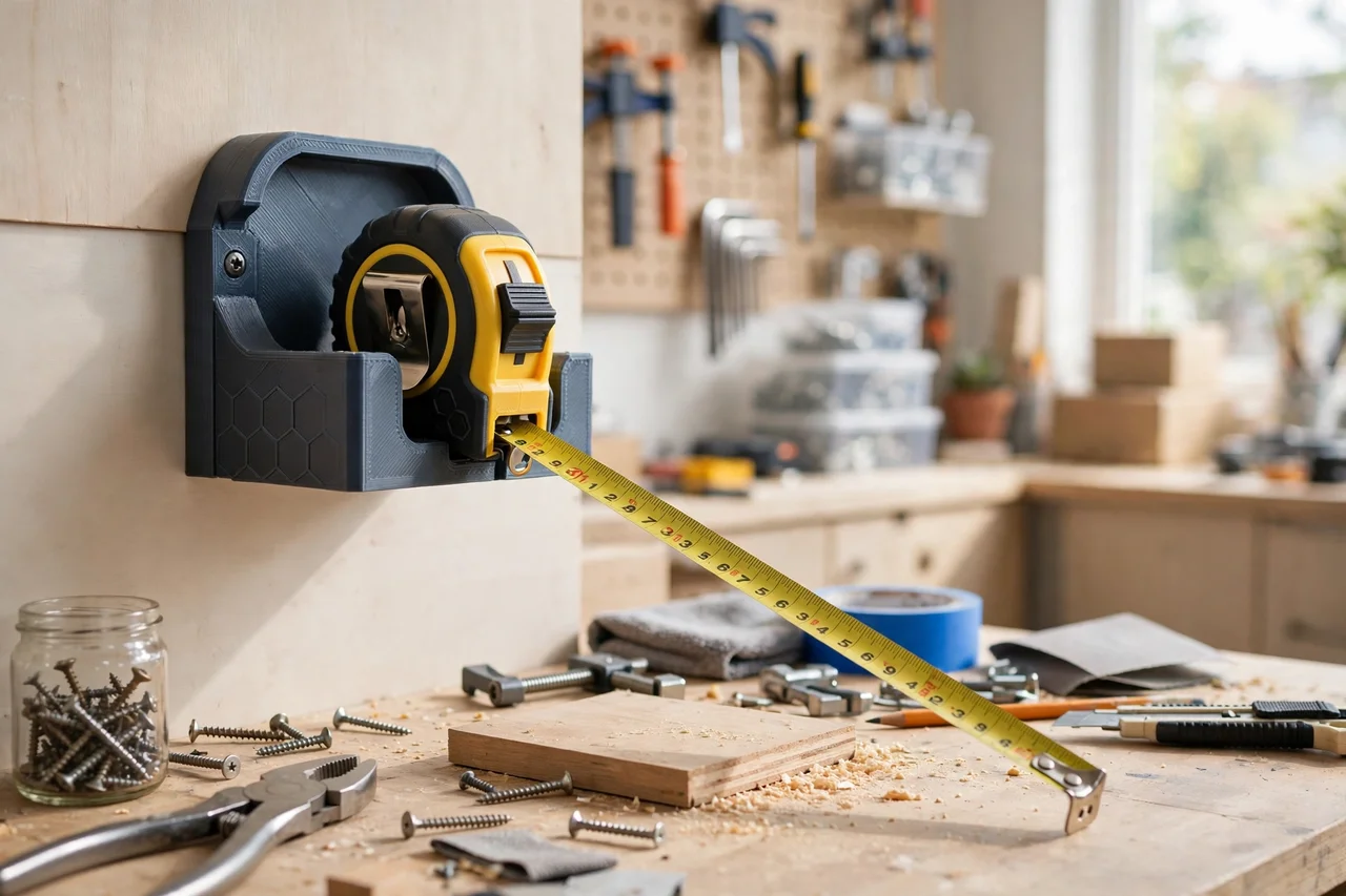 View of the finished 3D printed tape measure wall dock in use during a home repair tidy-up on a workbench, tidy workshop background in soft focus, bright natural light
