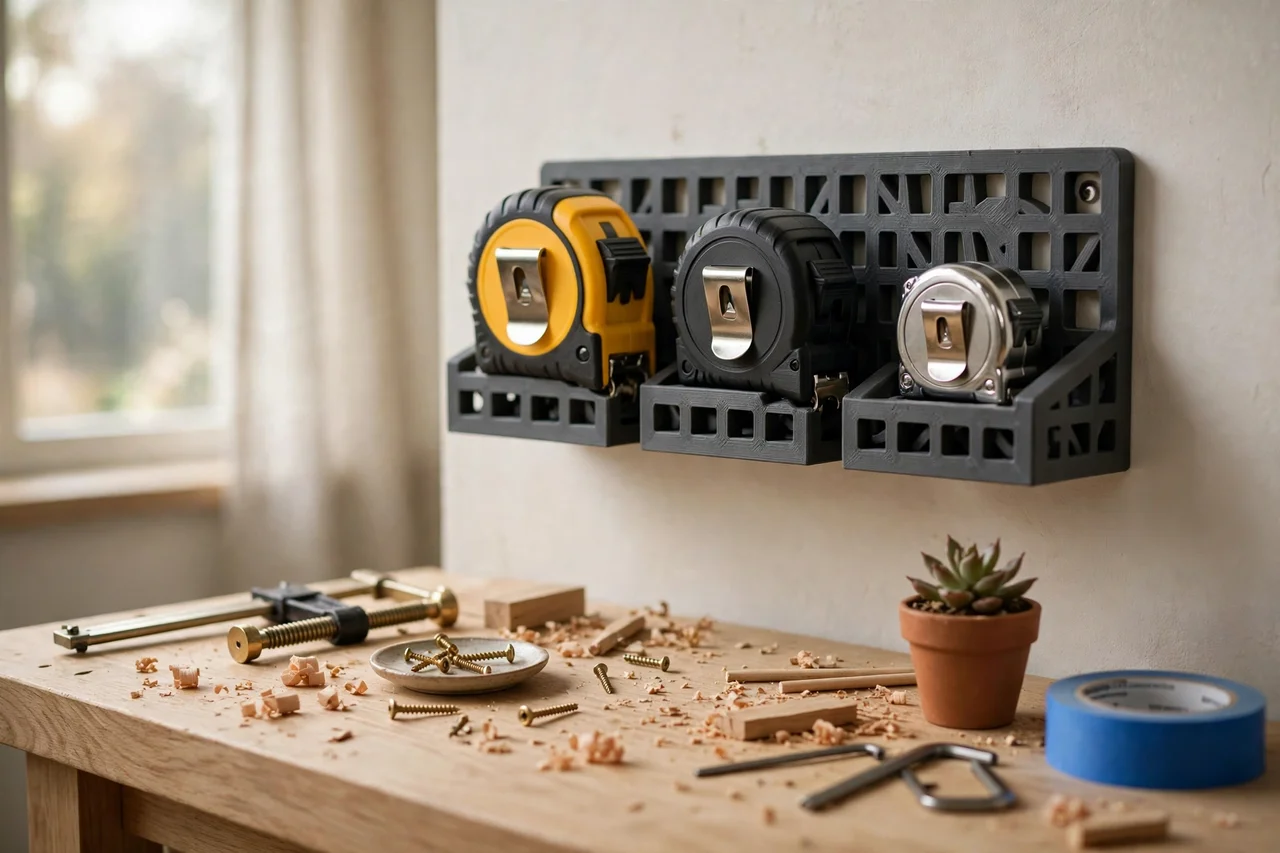 Home workshop scene on a light oak workbench, a matte charcoal-gray 3D printed tape measure wall dock holding tape measures, soft natural window light, shallow depth of field