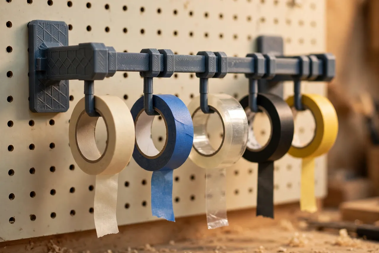 Close-up view of a 3D printed tape roll rack mounted on a workshop wall