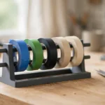 A bright home workshop scene on a light oak workbench