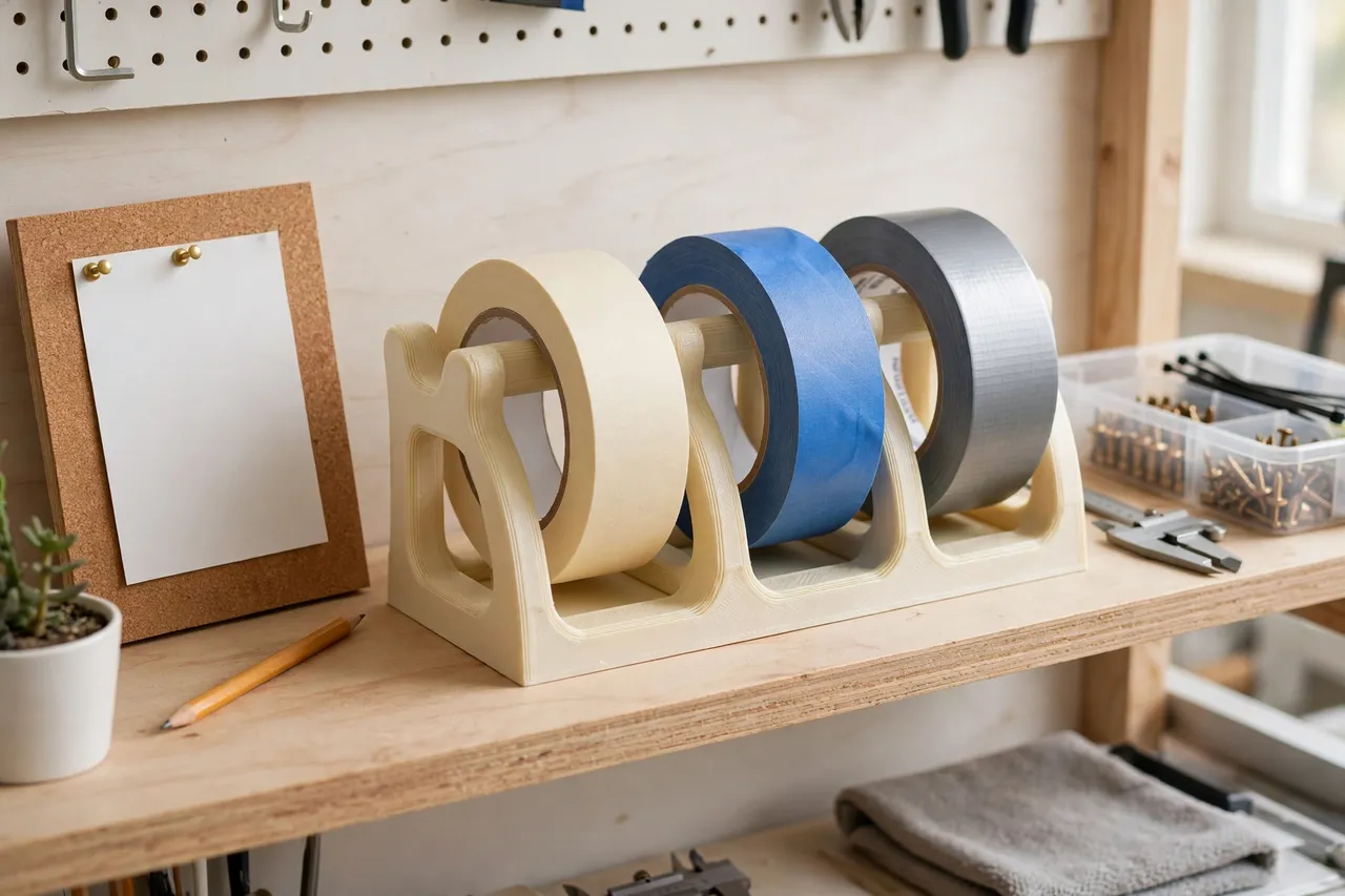 A finished workshop shelf with a 3D printed tape roll rack holding masking tape, painter's tape, and duct tape in a neat row