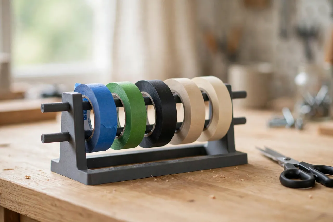 A bright home workshop scene on a light oak workbench