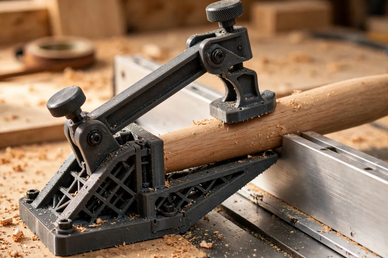Close-up of a 3D printed tapering sled with an adjustable angled arm and hold-down stop cradling a wooden leg blank