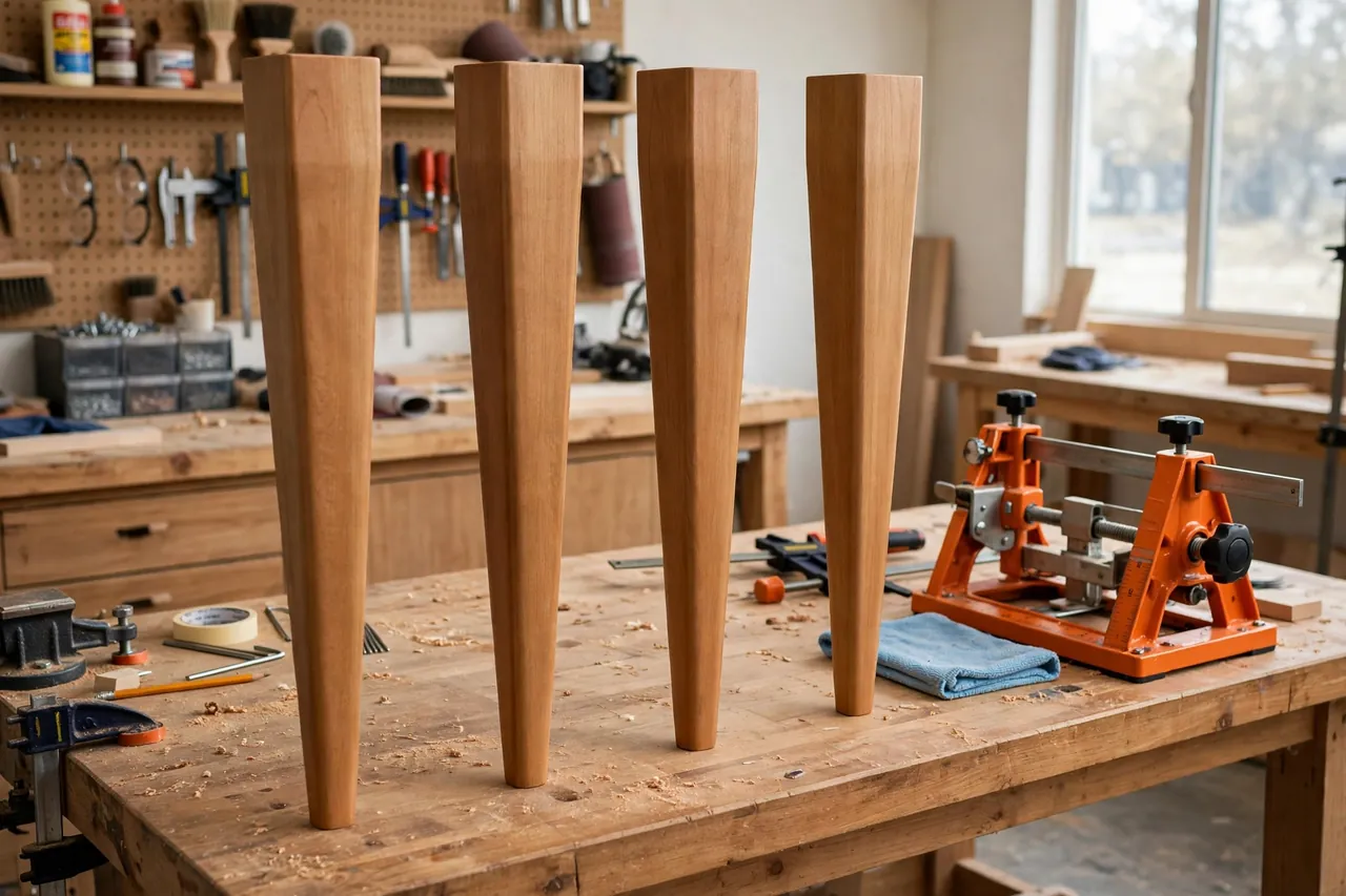Four finished tapered table legs standing in a row on a workbench with smooth even tapers