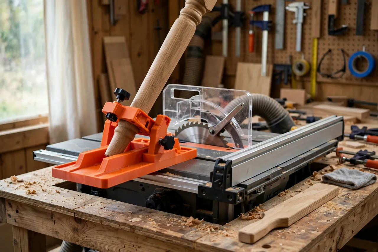 A bright home workshop scene with a matte orange 3D printed tapering jig sled holding a light oak table leg against a table saw fence
