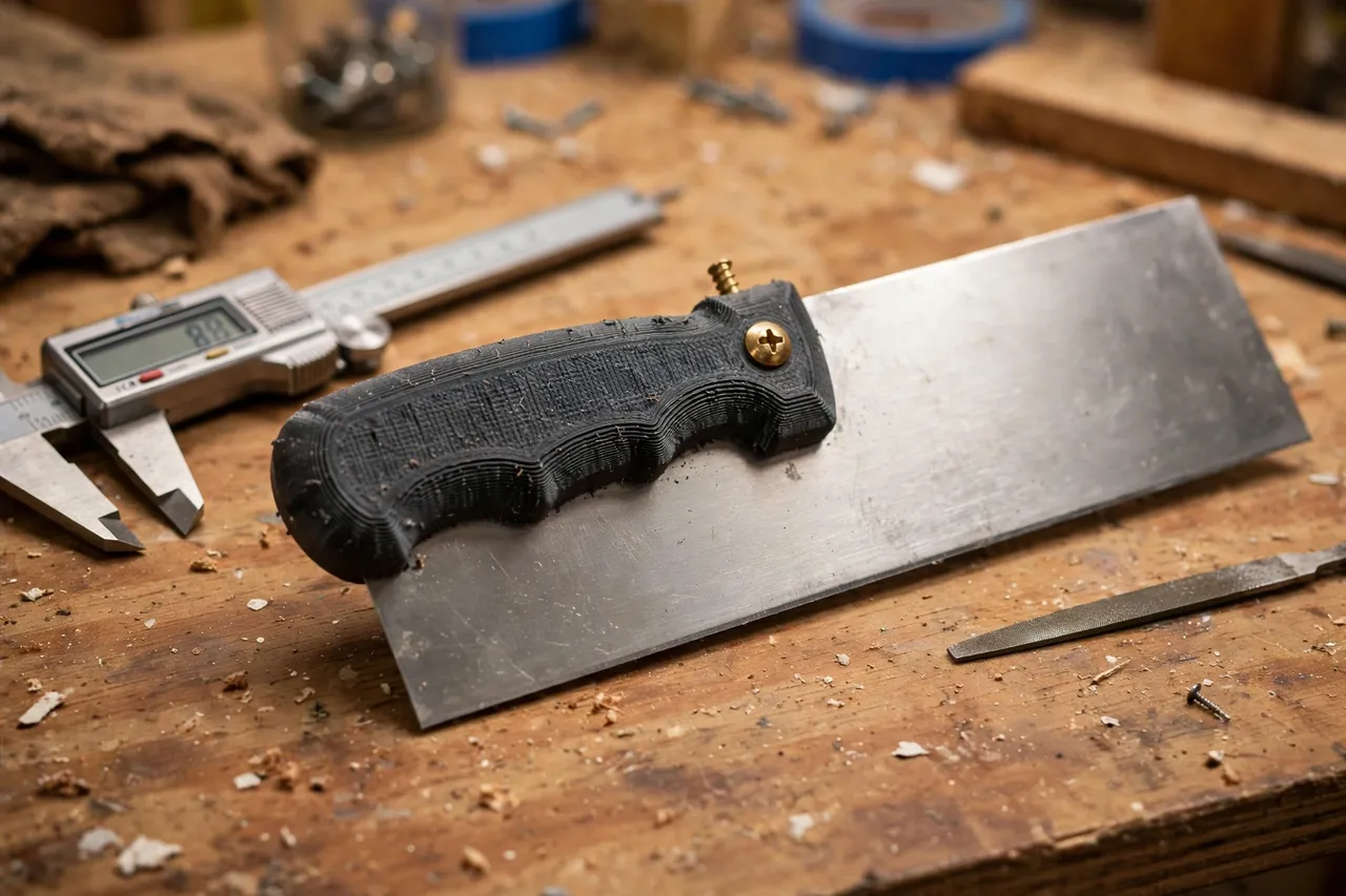 Close-up view of hands-free composition showing a 3D printed taping knife handle with a textured grip and a brass screw fastening it to a wide