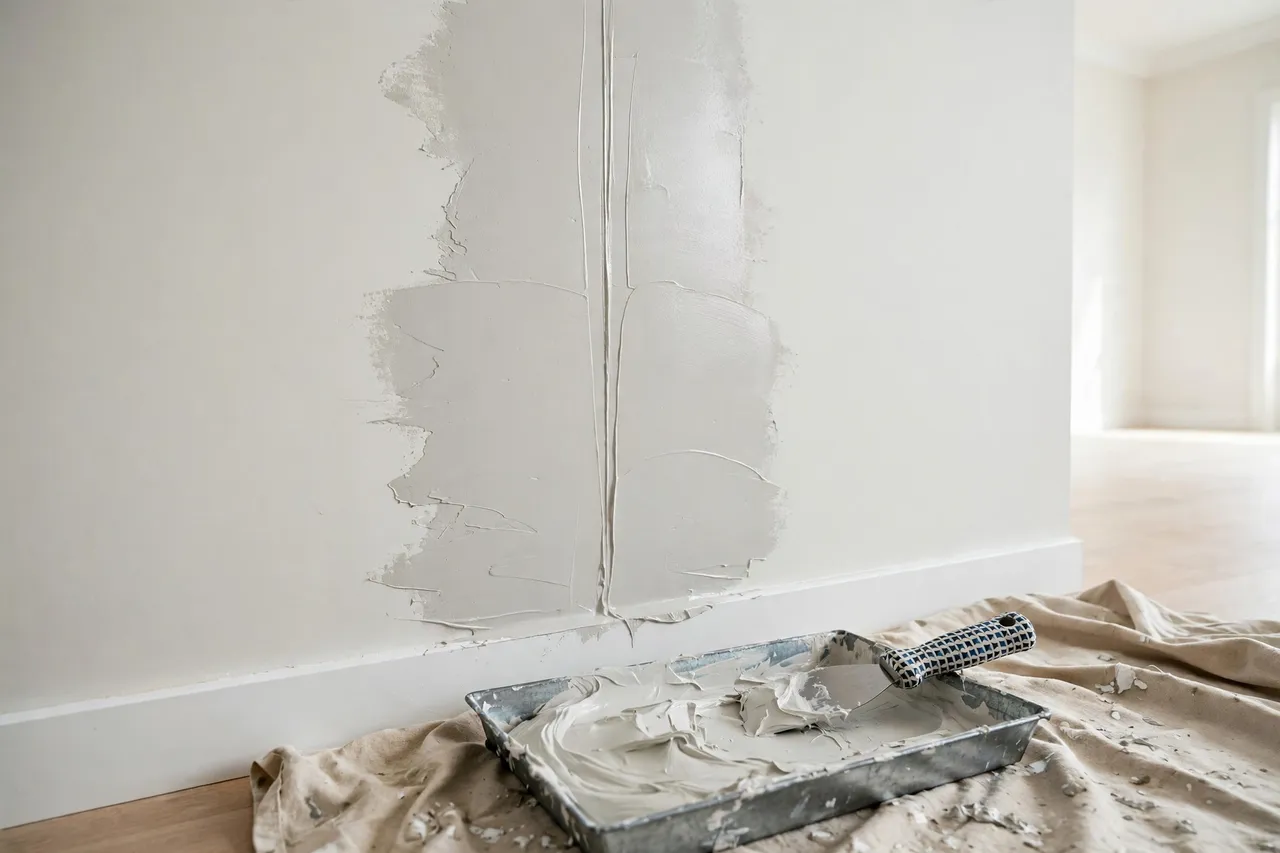 A freshly taped drywall seam on a pale wall with a smooth feathered coat of joint compound