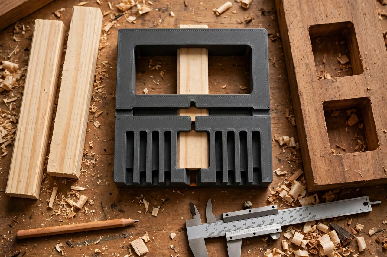 Close-up top-down view of a matte charcoal-gray 3D printed tenon thickness measuring gauge being test-fitted against tenon blanks and mortise openings on a workbench, calipers and a pencil nearby, warm workshop lighting
