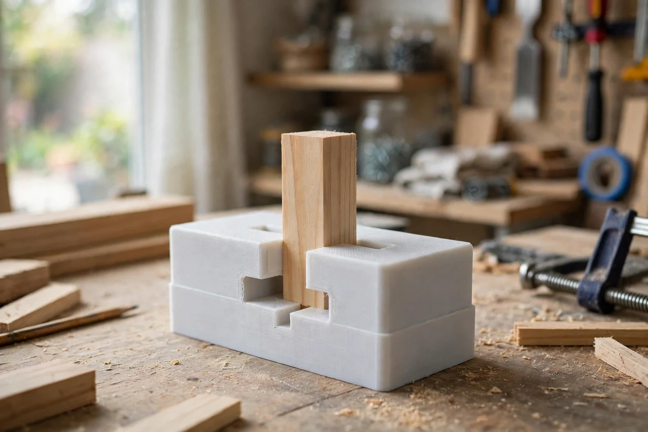 View of the finished 3D printed tenon thickness measuring gauge in use on a home repair project on a workbench, tidy workshop background in soft focus, bright natural light