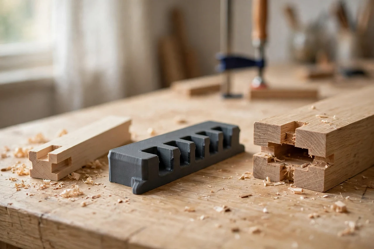 Home workshop scene on a light oak workbench, a matte charcoal-gray 3D printed tenon thickness measuring gauge beside a tenon blank and a mortise opening, soft natural window light, shallow depth of field
