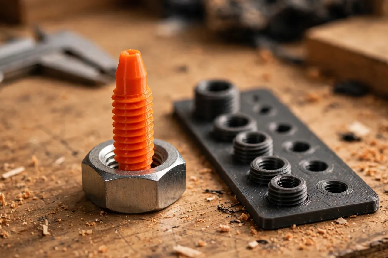 Close-up view of a bright-orange 3D printed thread gauge stud being test-fitted into a silver hex nut on a wooden workbench