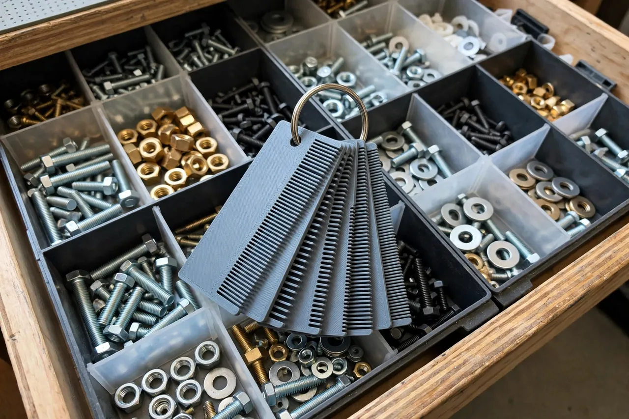 A finished set of 3D printed thread gauge cards neatly clipped together on a ring and resting in an open workshop drawer organizer with sorted nuts