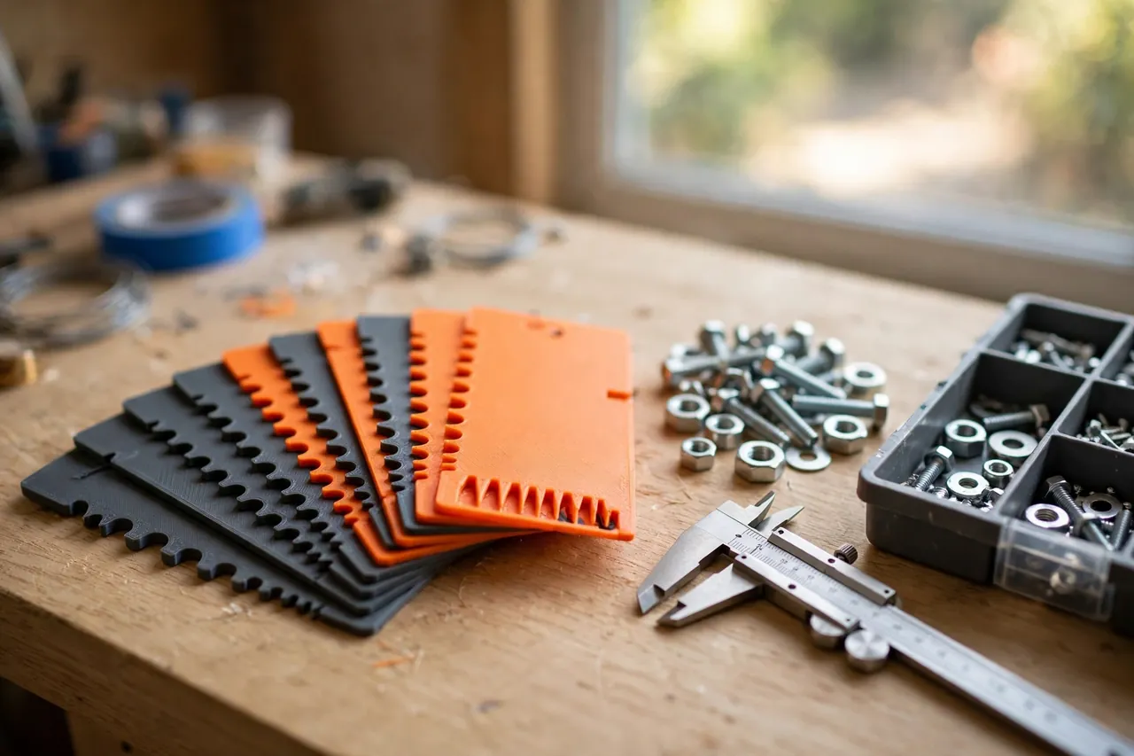 A bright home workshop scene on a light oak workbench